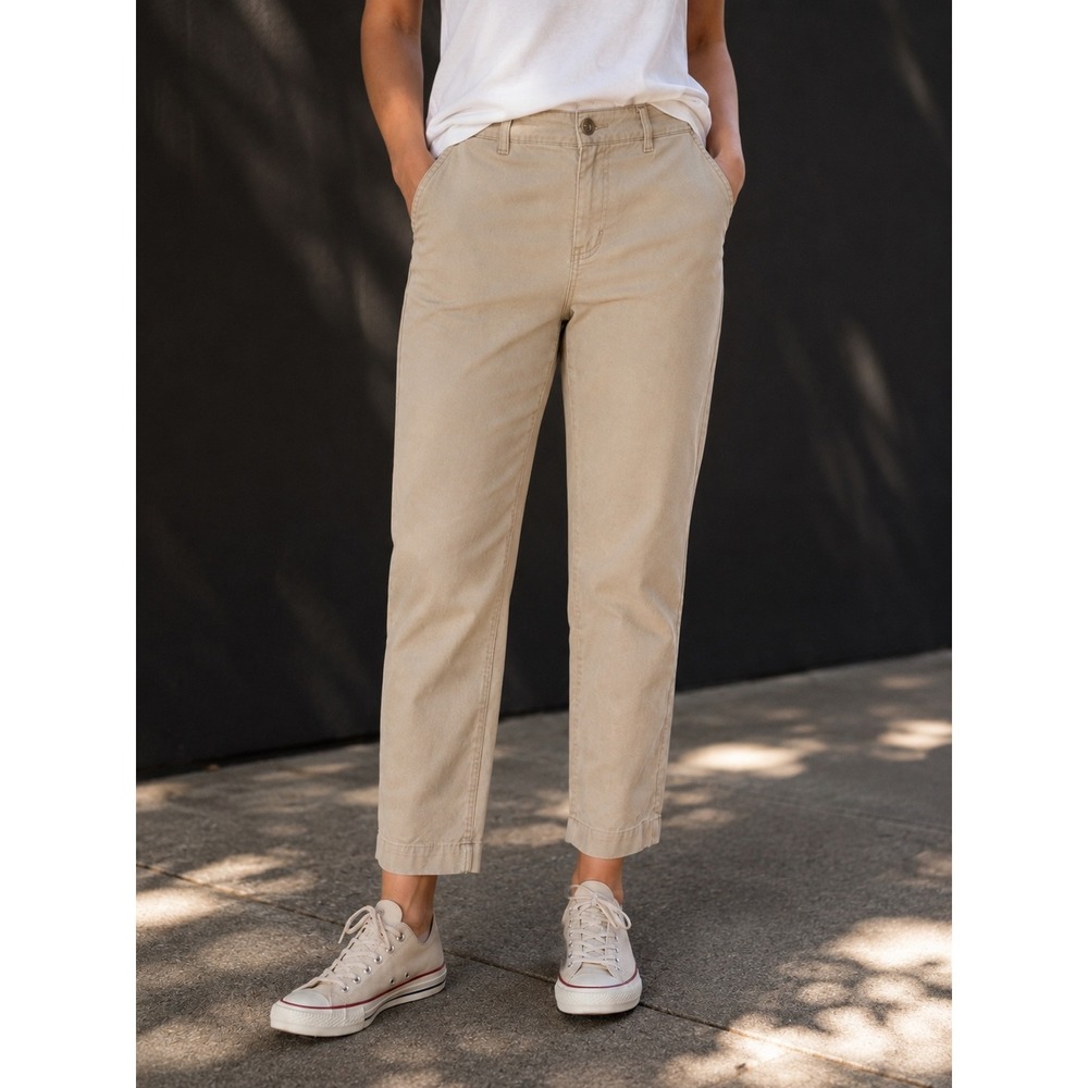 Eileen Fisher Organic Cotton Stretch Straight Leg Trousers Khaki Tan Womens L